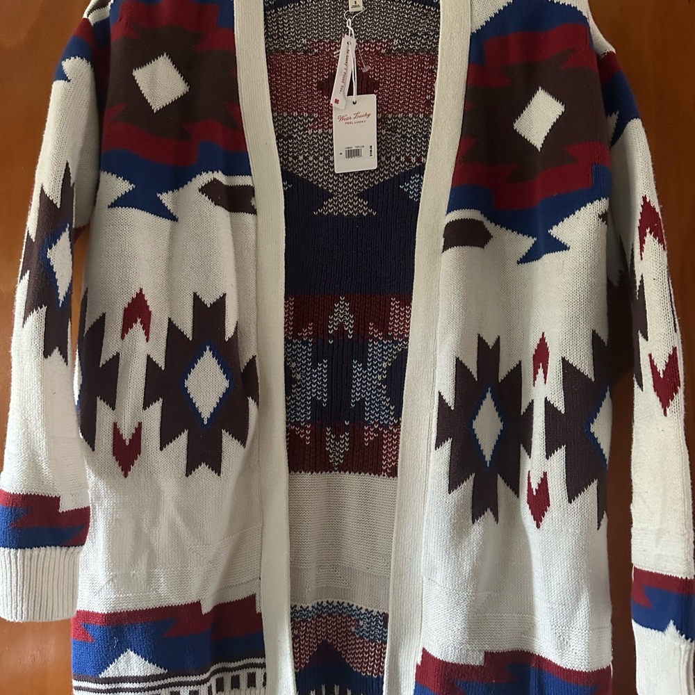 Lucky Brand Open-Front Aztec Cardigan Sweater - White, Navy & Burgundy
